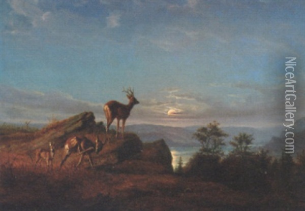 Deer In A Moonlit Landscape Oil Painting - Johann Friedrich Wilhelm Wegener