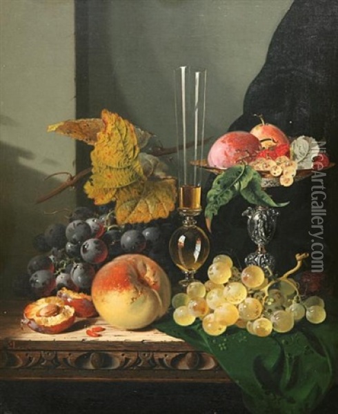 Still Life With Mixed Fruit, A Glass And A Tazza On A Table Oil Painting - Edward Ladell
