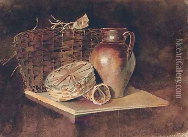 Still-life with a jug and wicker baskets Oil Painting - Peter de Wint