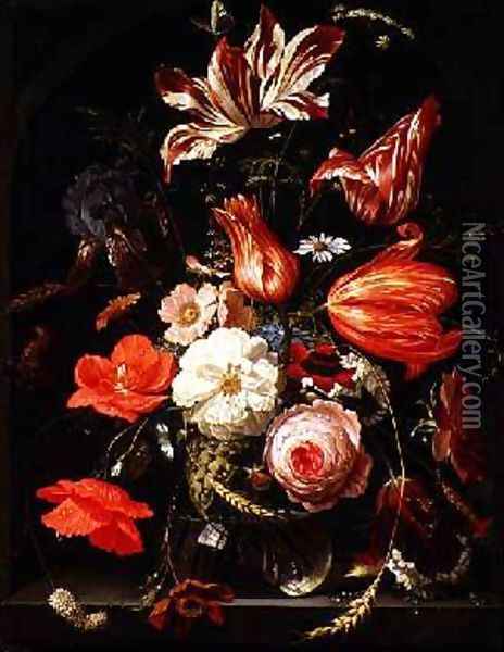 A Still Life of Flowers in a Glass Bowl Oil Painting - Abraham Mignon