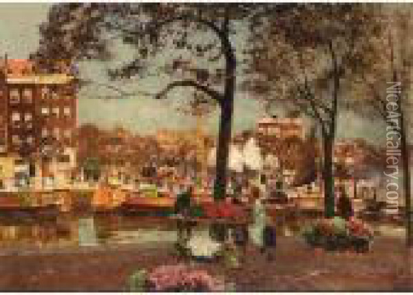 The Flowermarket, Amsterdam Oil Painting - Heinrich Hermanns