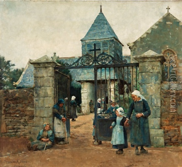 Outside Chapelle Saint-david In Quimperle, Scene From Brittany Oil Painting - Stanhope Forbes