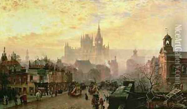 St Pancras Hotel and Station from Pentonville Road Oil Painting - John O'Connor
