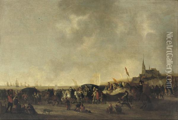 A Crowded Beach With An Elegant Horse-drawn Carriage, The Churchtower Of Scheveningen Beyond Oil Painting - Hendrick De Meijer
