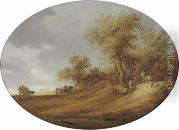 A Dune Landscape With Travellers On A Path And Three Men Mending A Fence Oil Painting - Salomon van Ruysdael