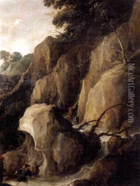 A Rocky Torrent With Fishermen Oil Painting - Joos de Momper the Younger