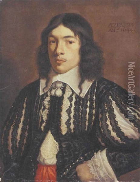 Portrait Of A Gentleman, Aged 23, In A Black Slashed Doublet And A White Lace Shirt Oil Painting - Sebastien Bourdon