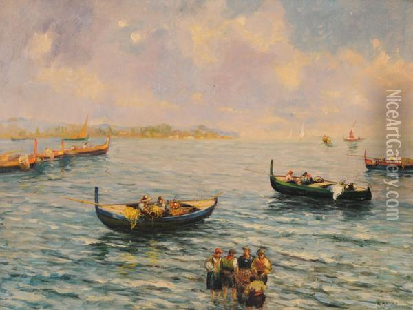 Marina Con Barche E Pescatori Oil Painting - Giuseppe Maggi