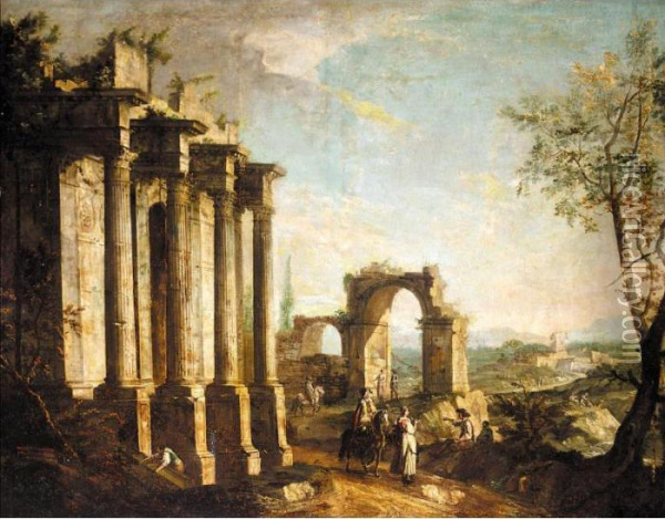 A Capriccio Scene With Figures Before Classical Ruins Oil Painting - Michele Marieschi