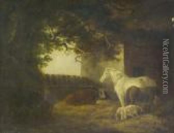 Farmyard Scene With A Man 
Feeding Pigs, Horses, Cattle And A Dog Nearby Bears Initials 