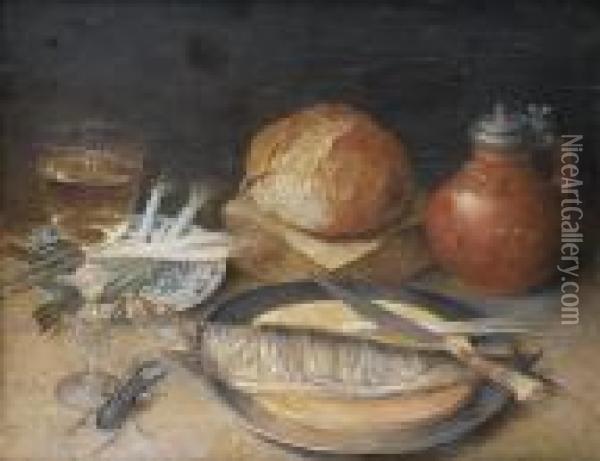 A Glass Of White Wine With An 
Earthenware Jug,a Blue And White Dish Of Spring Onions And A Pewter Dish
 With Aknife And Fish, With A Stag Beetle On A Table-top Oil Painting - Georg Flegel