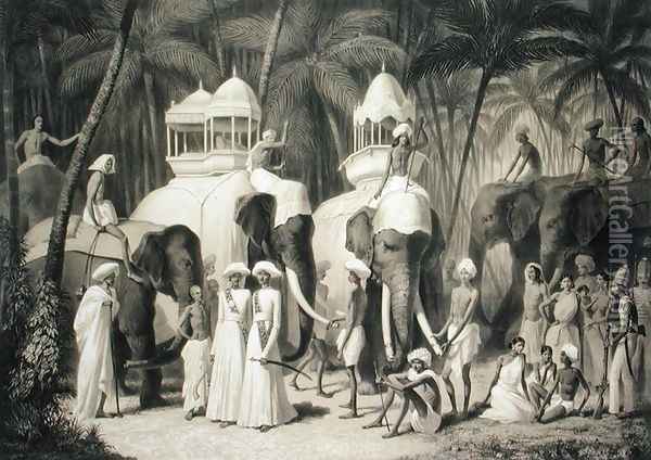 Elephants of the Raja of Travandrum, from Voyage in India, engraved by Louis Henri de Rudder 1807-81 Oil Painting - Louis Henri de Rudder
