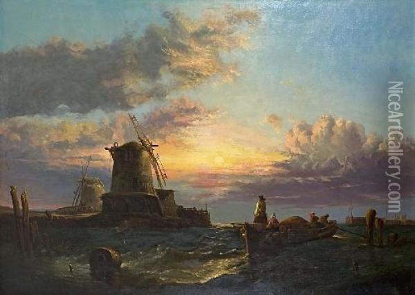 Kustenlandschaft Mit Muhlen Und Fischerboot Oil Painting - James Webb