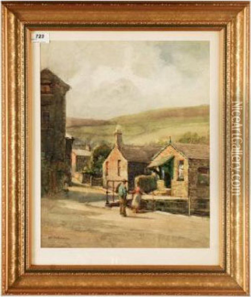 Watercolour, 
Farmerchatting To A Pretty Young Girl Outside Cottages In A Villagescene Oil Painting - Arthur Netherwood