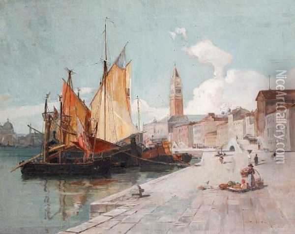 A Venetian Harbor Oil Painting - Walter Francis Brown