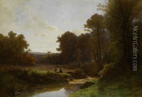 Bewaldete Landschaft Mit Flusslauf Oil Painting - Elisee Jules Gustave Castan