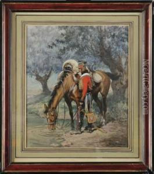 Hussard Du 4eme Regiment Sous La Revolution. Oil Painting - Georges Bertin, Dit Scott De Plagnolles