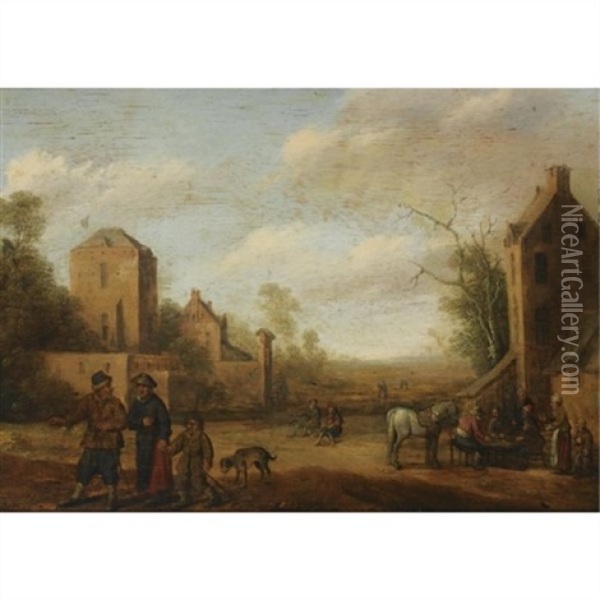 A Village Scene With Travellers On A Path, Peasants Sitting At A Table To The Right Oil Painting - Cornelis Droochsloot