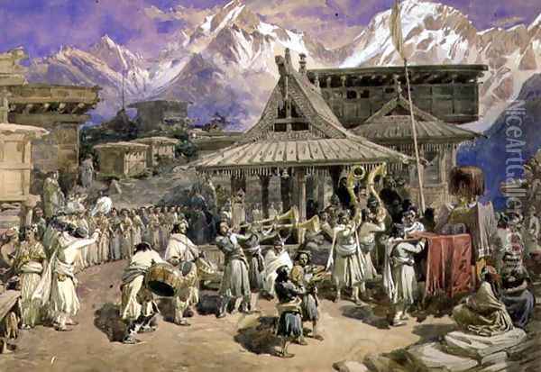 Puja at Chini Bashahr, Himalayas, c.1859-66 Oil Painting - William Simpson