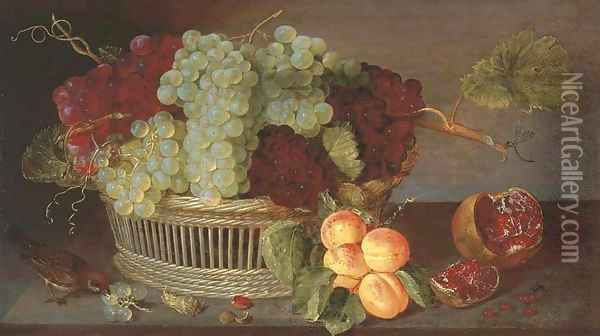 Grapes in a basket, a pomegranate, a bunch of apricots and a sparrow on on a ledge Oil Painting - Isaak Soreau
