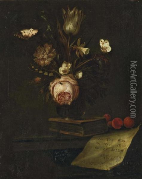 Tulipe, Oeillet, Jonquille Et Anemone Oil Painting - Otto Marseus Snuff. Van Schrieck