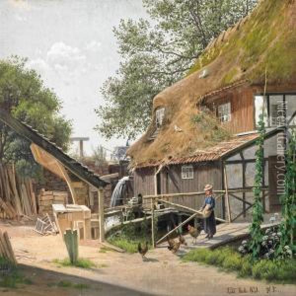 A Sunny Exterior By Awatermill, In Front A Girl Feeding The Chickens Oil Painting - Hans Gabriel Friis