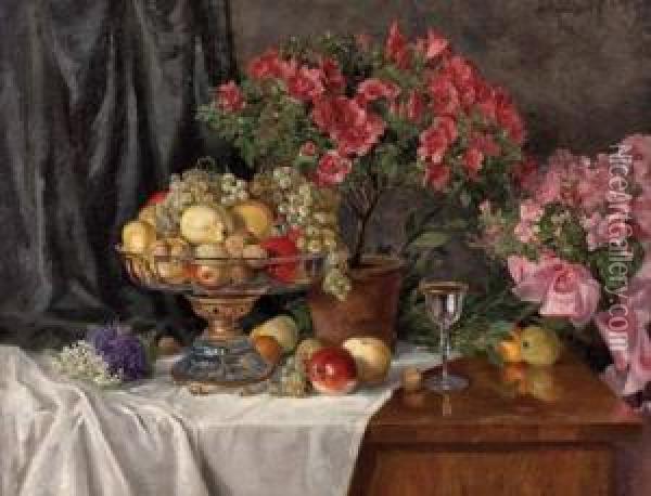 Groses Stillleben Mit Blumen Und Fruchten Oil Painting - Therese Schachner
