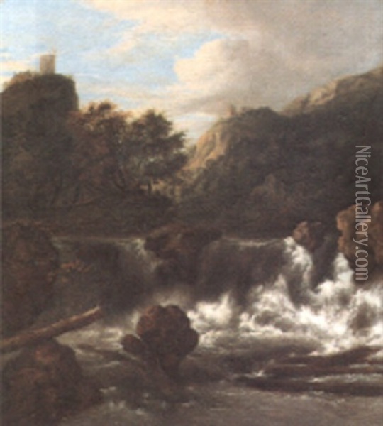 A Mountainous Landscape With A Waterfall Oil Painting - Jacob Van Ruisdael