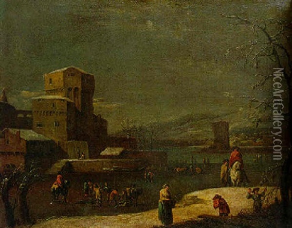 Winter Landscape With Figures On A Frozen River By A Castle Oil Painting - Marco Ricci