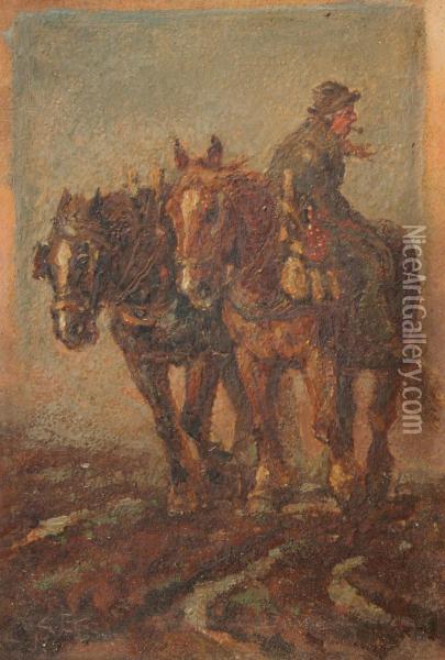 Figure Smoking A Pipe On Horseback Beside Another Horse In A Landscape Oil Painting - William Sidney Goodwin