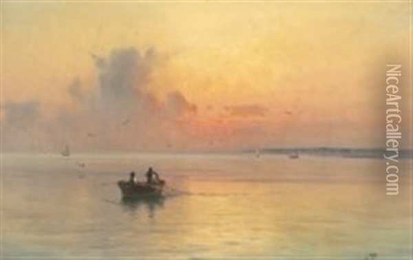 Russian Fishermen At Sea In The Early Morning Oil Painting - Semyon Sergeievich Platonov