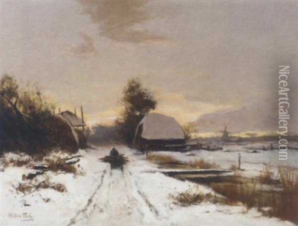 Winter: A Wood Gatherer On A Snow Covered Path At Dusk Oil Painting - Hendrik Otto Van Thol