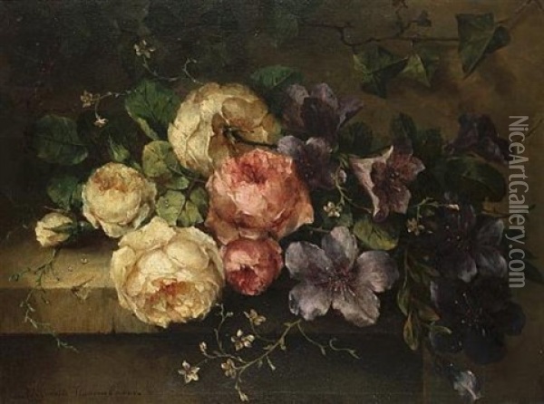 Still Life Of Roses And Convolvulus On A Stone Ledge Oil Painting - Margaretha Roosenboom