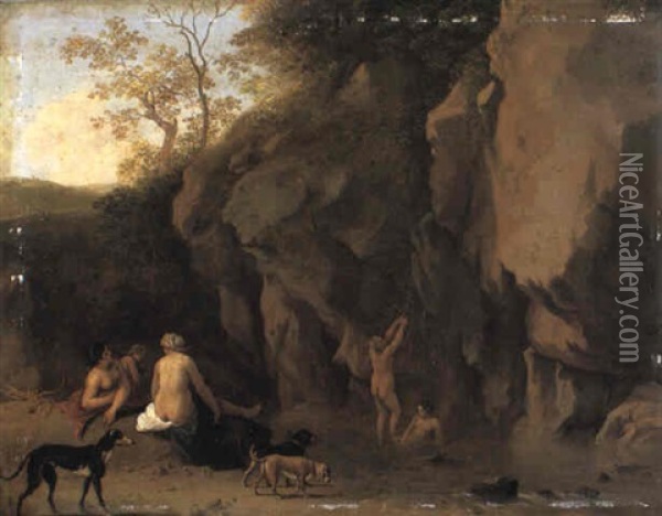 Diana And Her Nymphs Bathing Oil Painting - Cornelis Van Poelenburgh