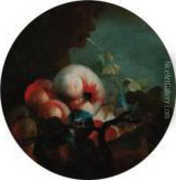 Peaches, An Apple And Figs By A Fountain Oil Painting - Abraham Brueghel