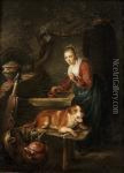 A Young Woman Drawing Water From A Well With A Dog On A Bench Beside Her Oil Painting - Gerrit Dou