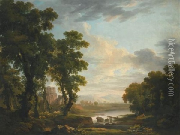 An Extensive Wooded River Landscape, With Shepherds Reclining In The Foreground And Ruins Beyond Oil Painting - George Barret