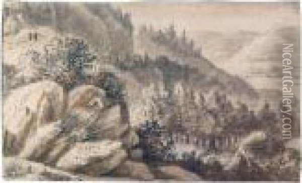 Sketchbook Page With A Mountainous Landscape And Figures High On The Left Oil Painting - Anthonie Waterloo