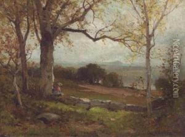 New Jersey Landscape With A Figure Resting By A Tree Oil Painting - George Henry Smillie