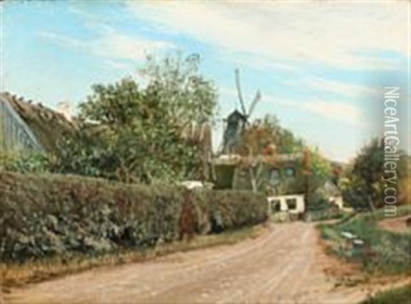 A Road Along A Hedge. In The Background A Mill. Late Summer Oil Painting - Laurits Andersen Ring
