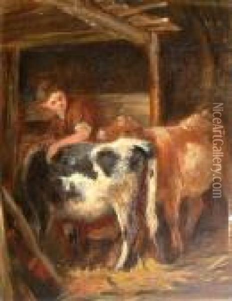 Tending To The Cattle Oil Painting - Joseph Denovan Adam