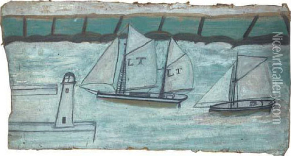 Two Sailing Boats Entering Harbour Oil Painting - Alfred Wallis