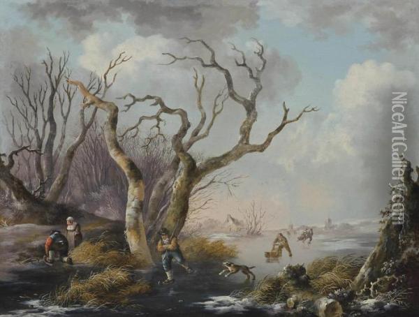 A Winter Landscape With Figures Skating On A Frozen River Oil Painting - Andries Vermeulen