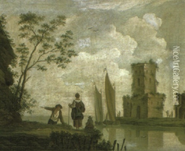 A River Landscape With Peasants On A Bank, A Tower Beyond Oil Painting - Jan van Os