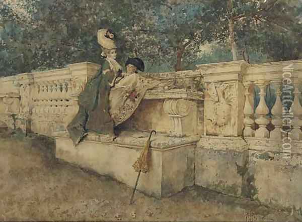 Flirtation on a stone balustrade Oil Painting - Giovanni Battista Filosa