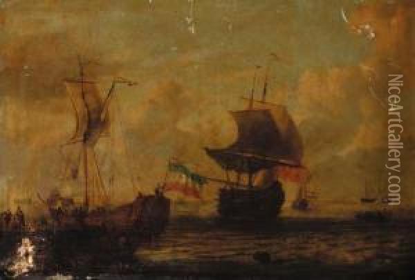 A Dutch Squadron Setting Sail From A Quay Oil Painting - Gerrit Pompe