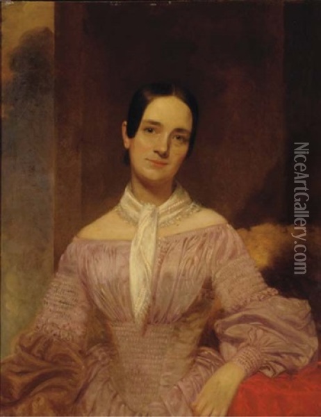 Portrait Of Isabel Morrison, Seated, Three-quarter Length, In Pink Silk Dress (+ Portrait Of Ellen Morrison; 2 Works) Oil Painting - John Wesley Jarvis