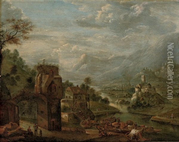 A River Landscape With Merchants Unloading Their Cargo On A Quay Oil Painting - Cornelis Verdonck