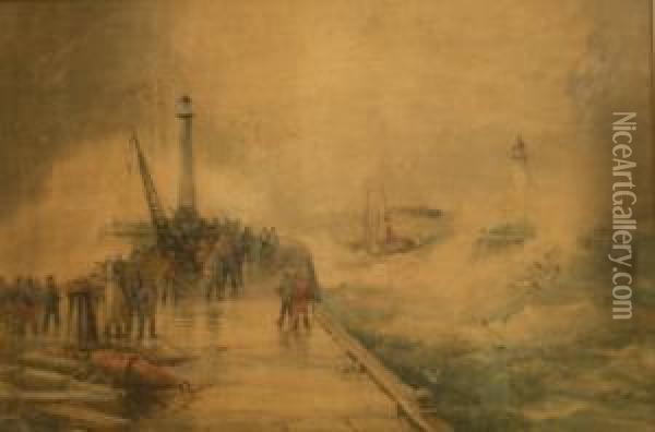 Steam Paddle Tug Returning To Whitby Harbour Oil Painting - Frederick William Booty