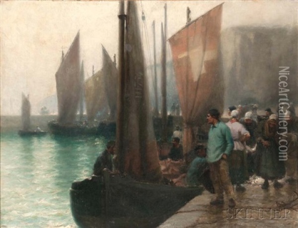 Bustling Fishing Port Oil Painting - William Edward Norton